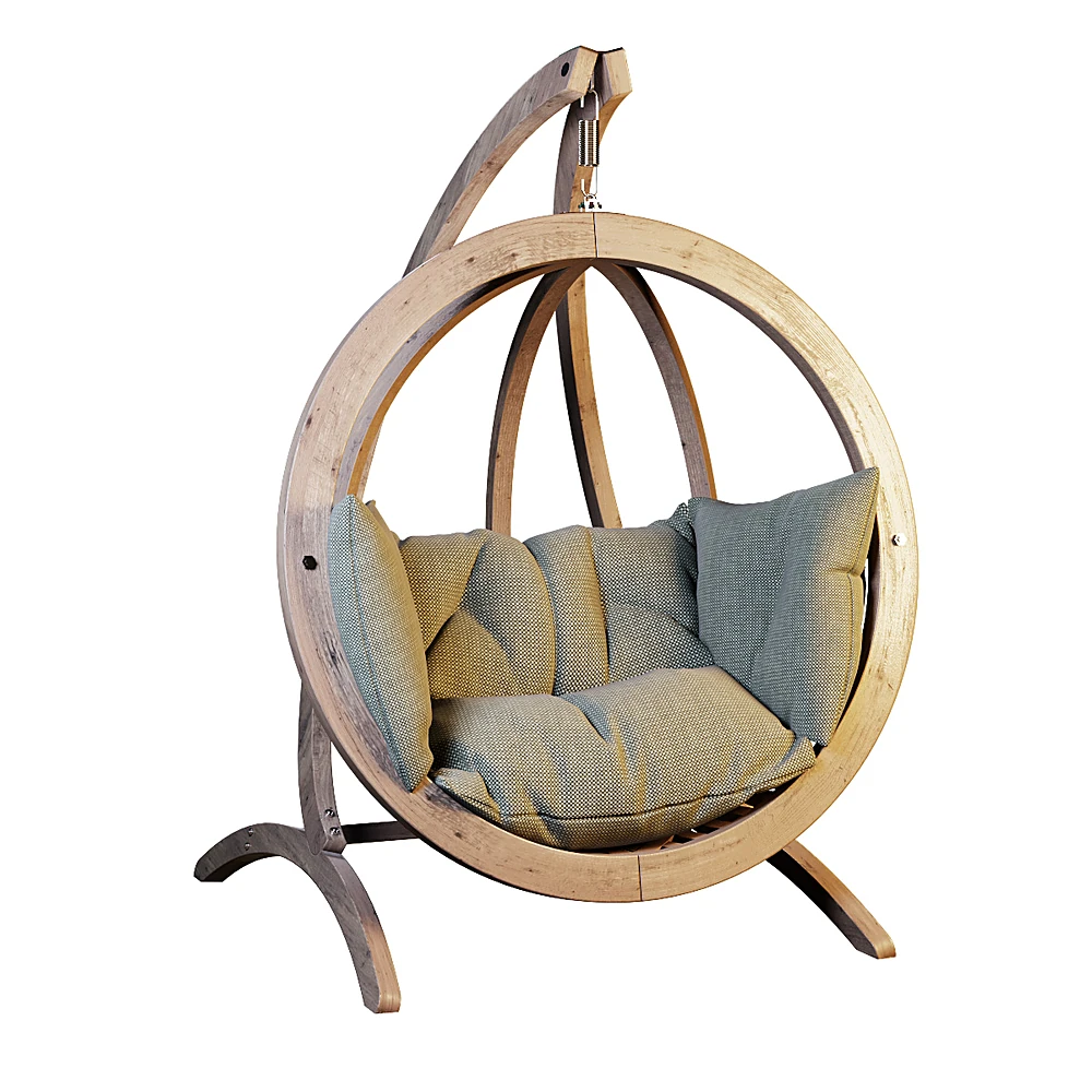 Hanging Armchair with Wood Frame and Fabric Cushions