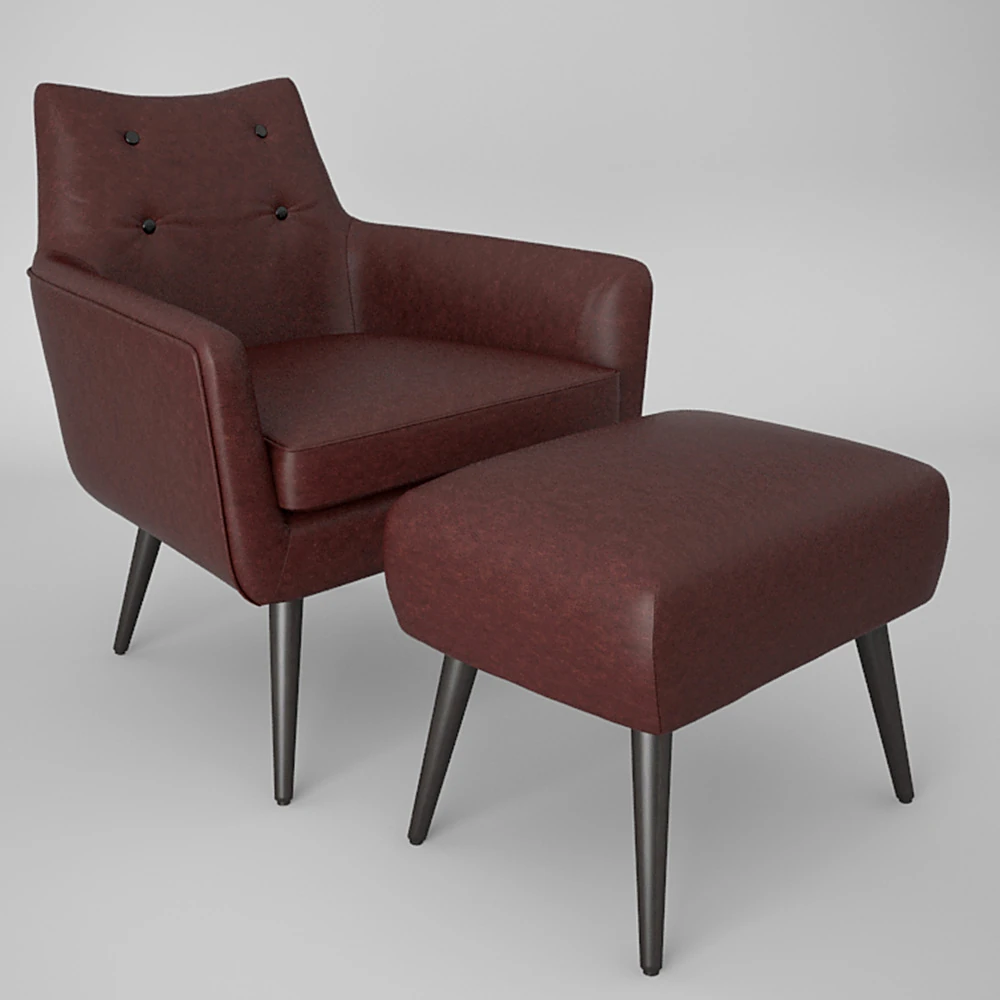Modern Armchair with Footrest in Burgundy Leather