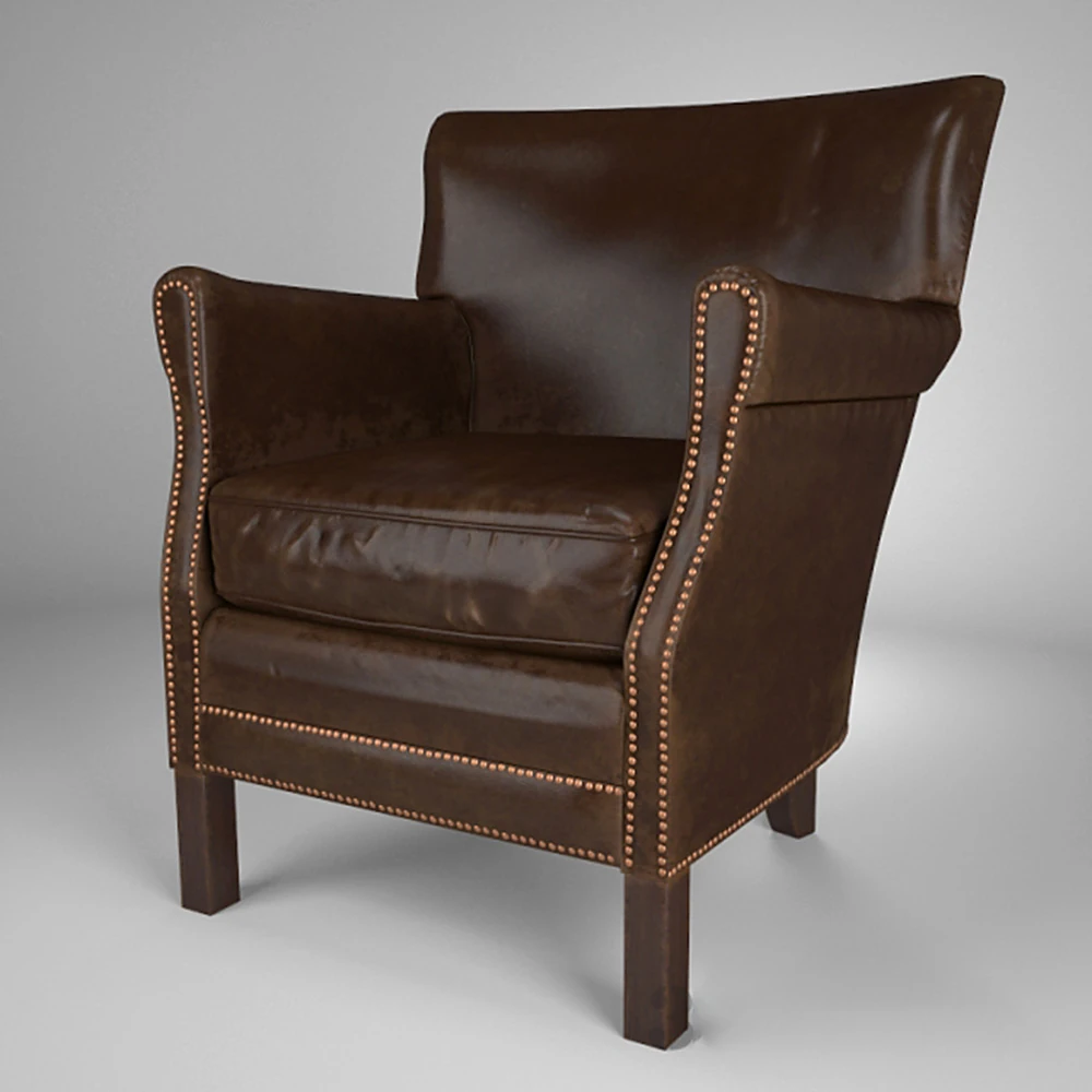 Armchair with Brown Leather Upholstery and Nailhead Trim