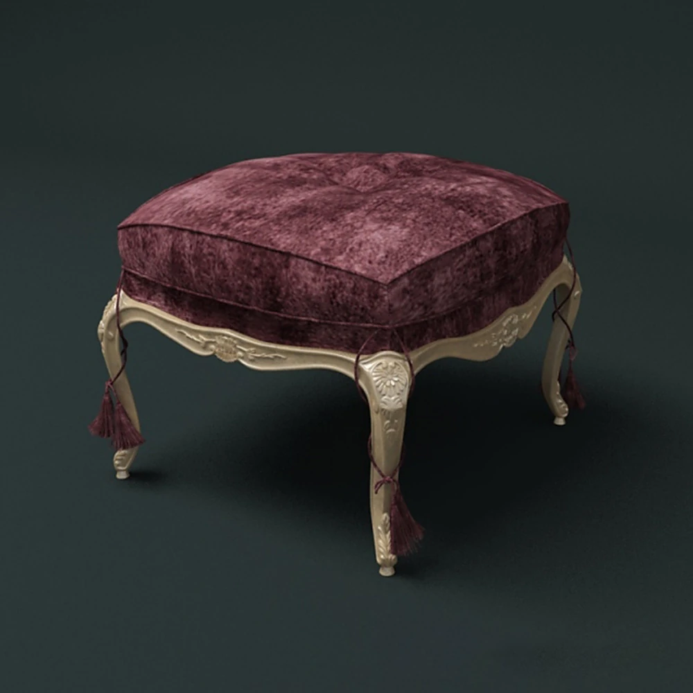 Pouf with Classic Carved Wood and Velvet
