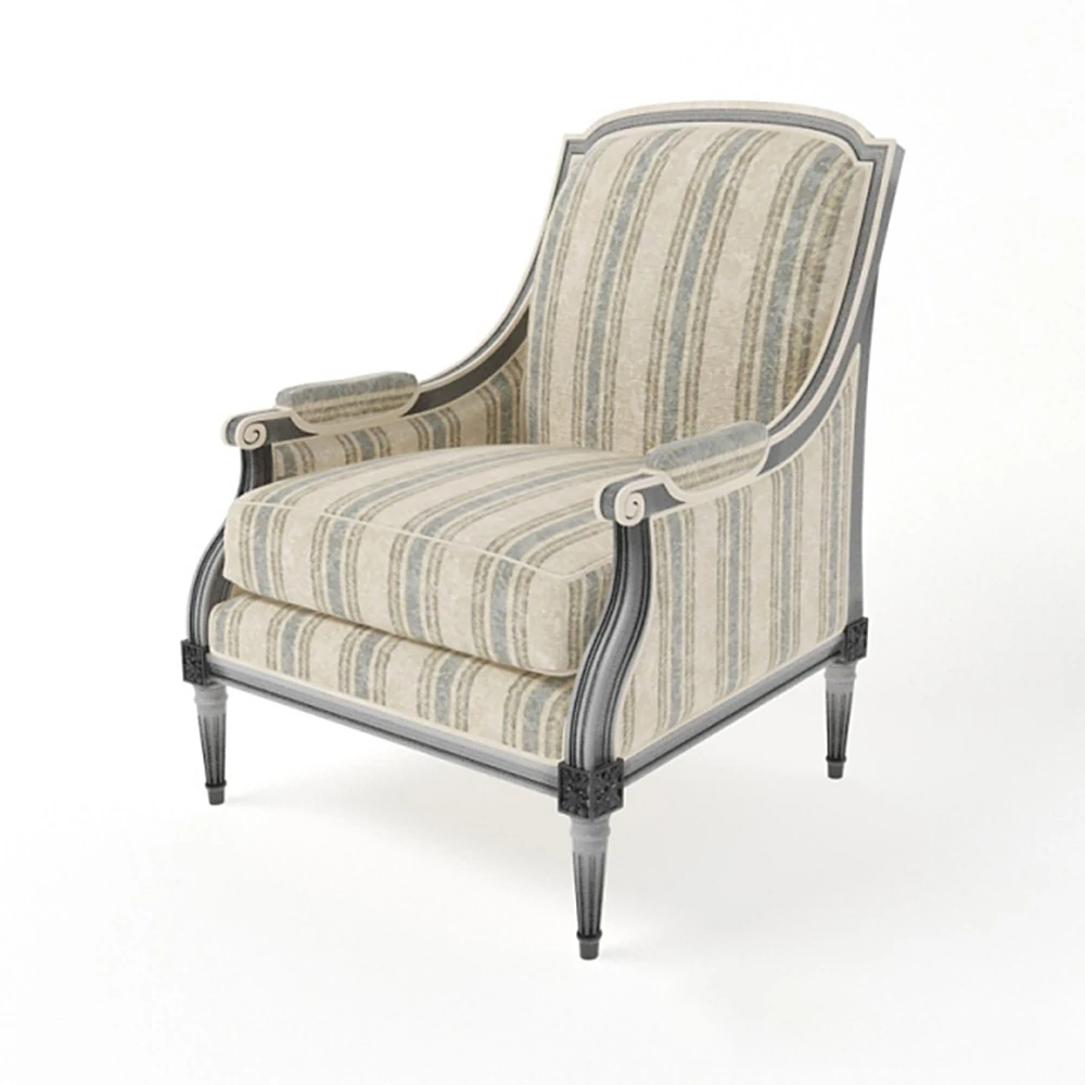 Classic Armchair with Striped Fabric and Wood Frame
