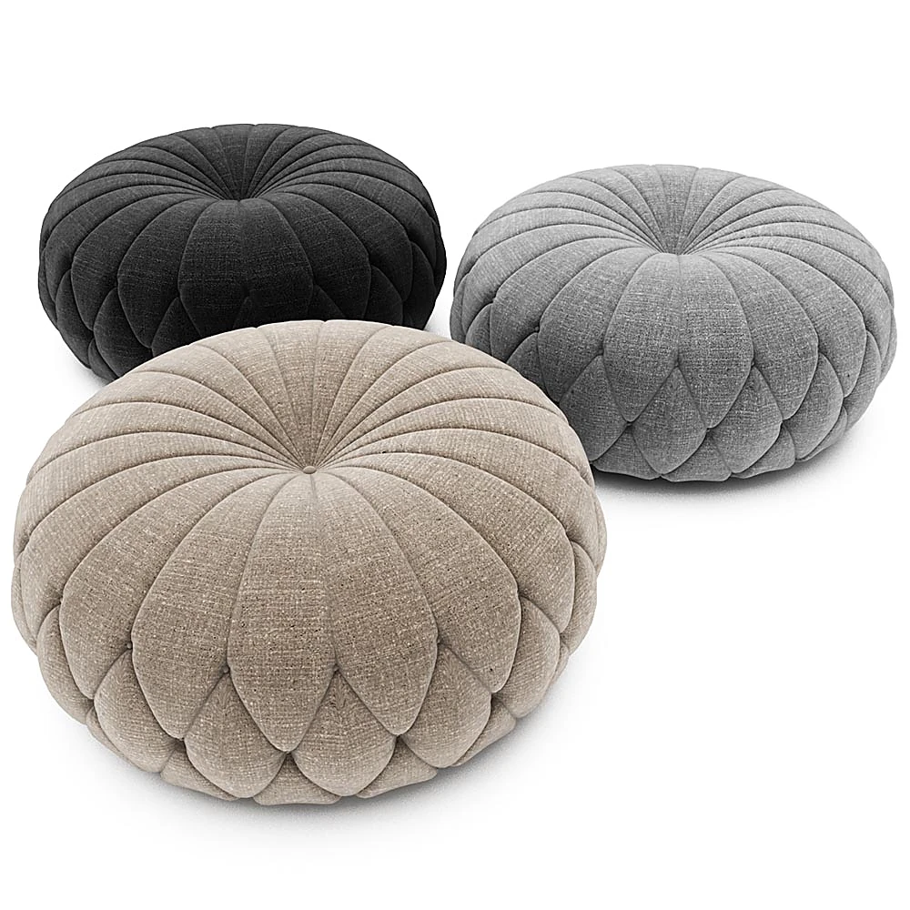 Round Ottoman with Pleated Fabric Upholstery