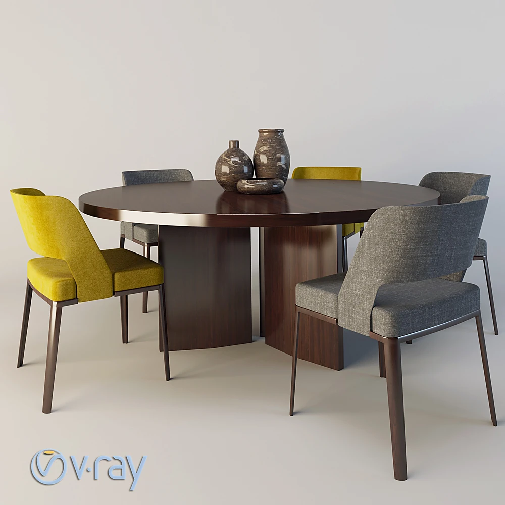 Modern Dining Set with Round Wood Table and Fabric Chairs
