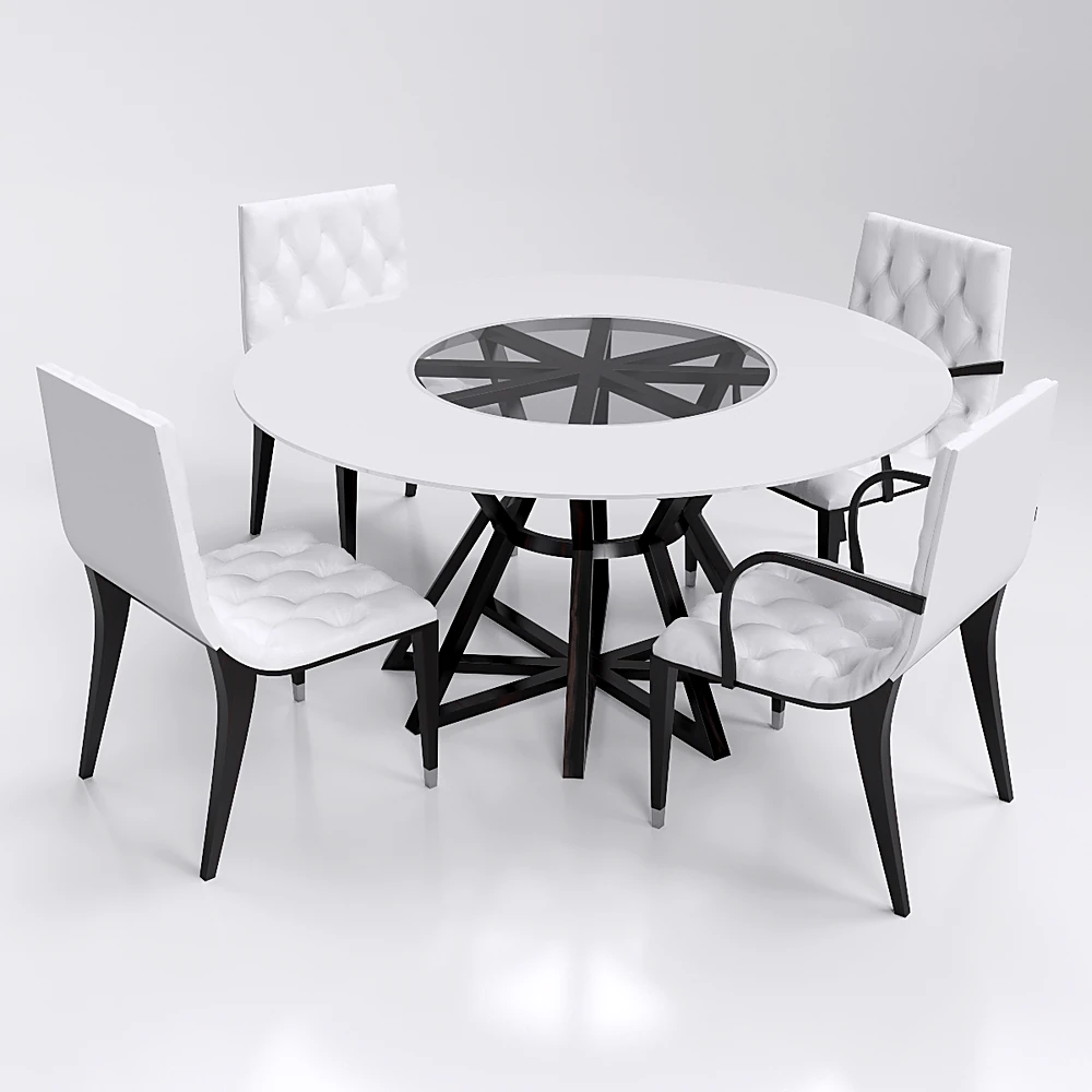Round Dining Table with Geometric Base and Tufted Chairs