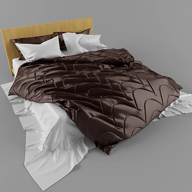 Modern Bed with Wooden Headboard and Quilted Duvet