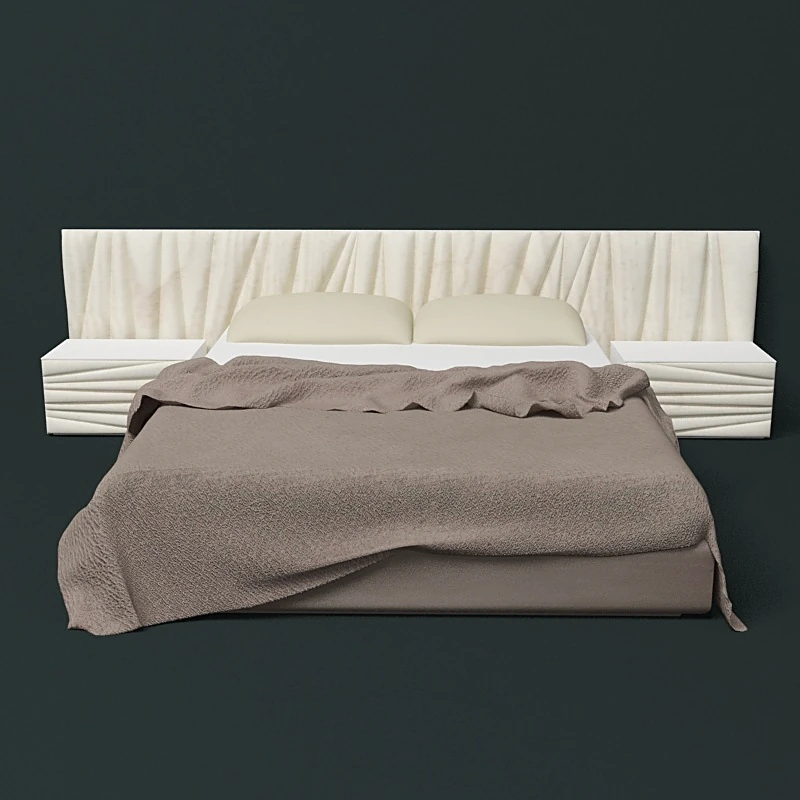 Modern Bed with Textured Headboard and Bedside Tables