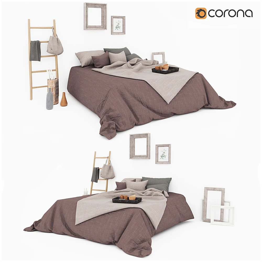 Bed with Fabric Bedding and Wooden Accents