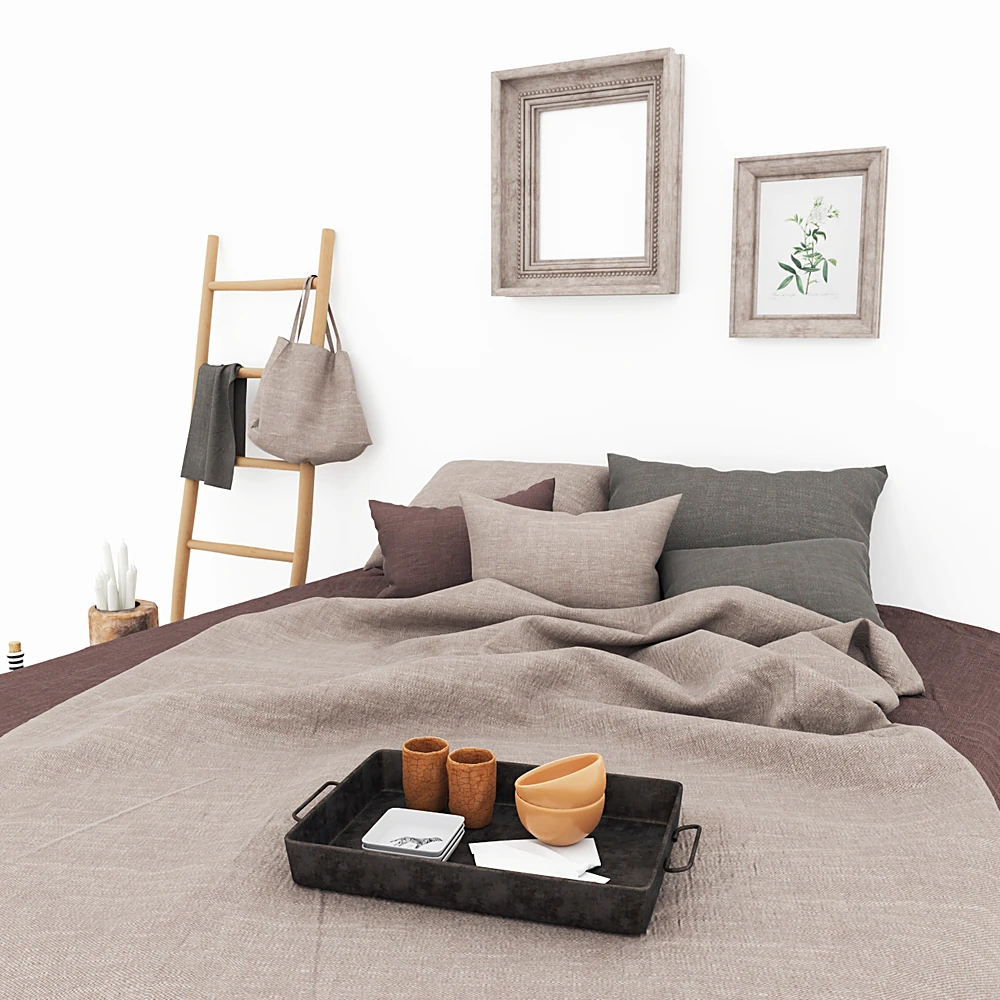 Bed with Fabric Bedding and Wooden Accents (2)