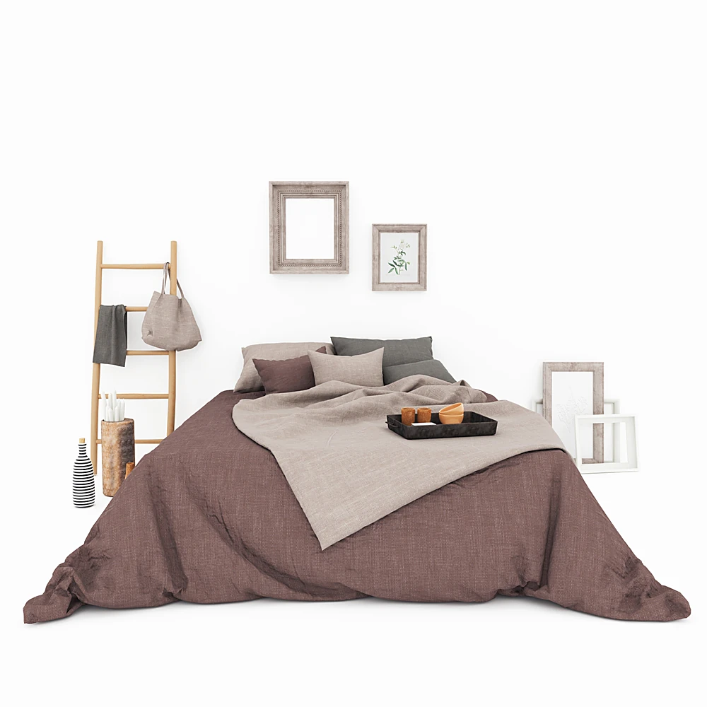 Bed with Fabric Bedding and Wooden Accents (3)