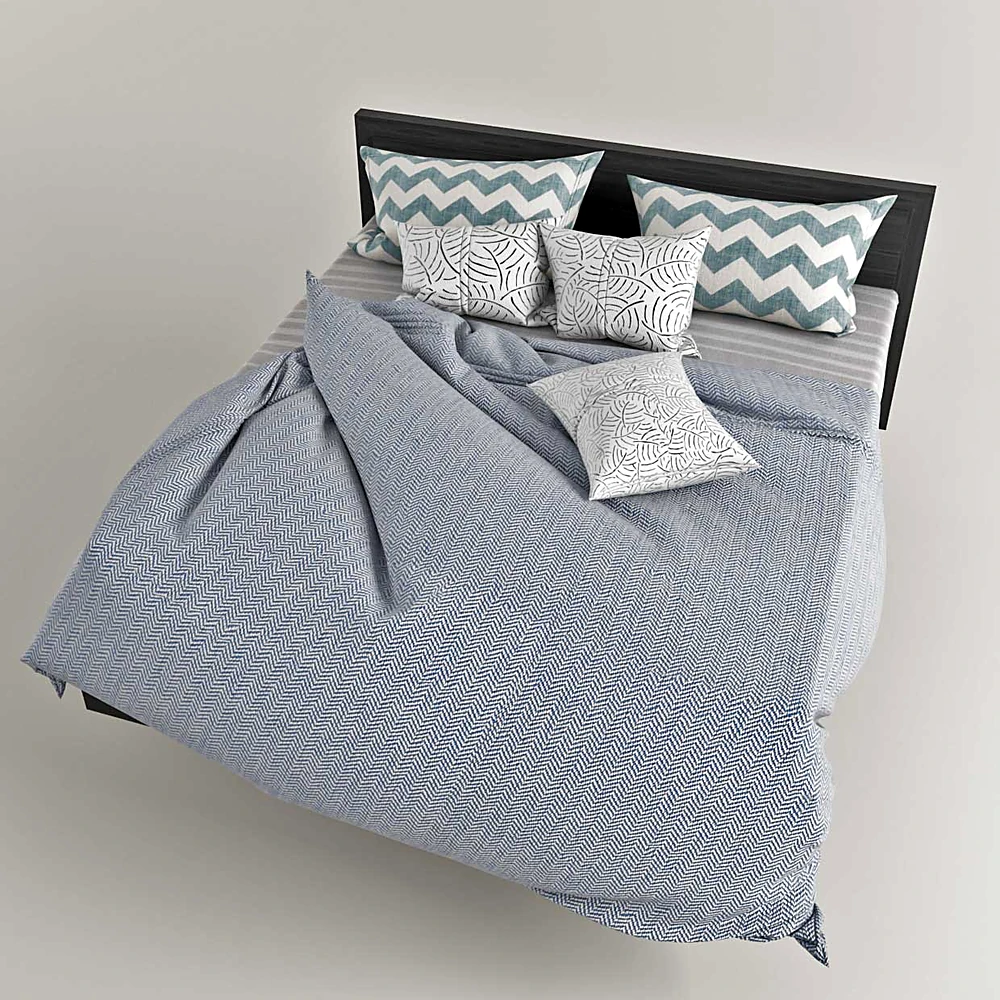 Double Bed with Wood Frame and Patterned Bedding