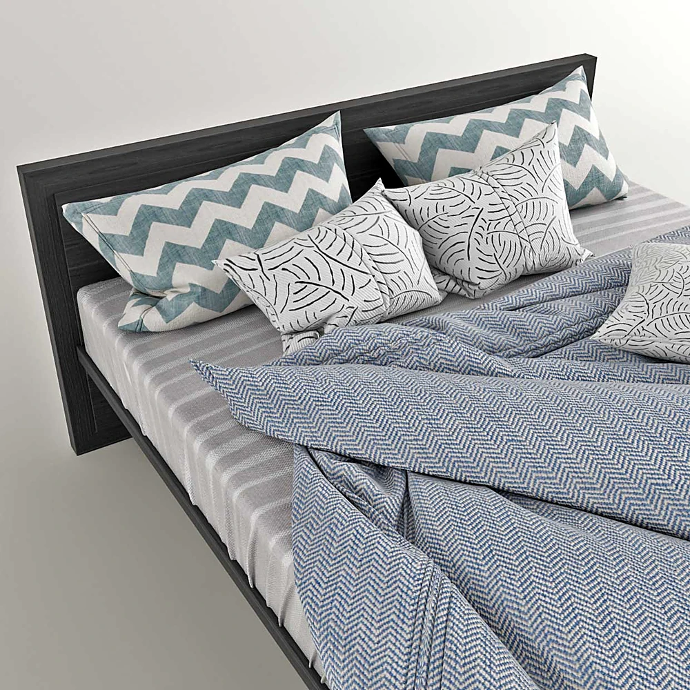 Double Bed with Wood Frame and Patterned Bedding (2)
