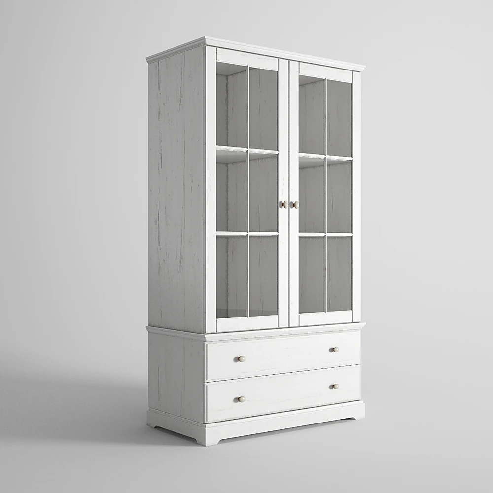 Small Bookcase Showcase with Distressed White Wood Finish