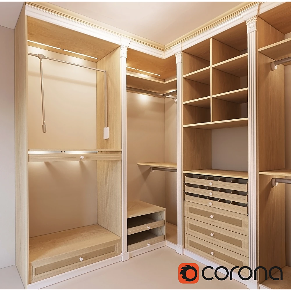 Corner Wardrobe System with Light Wood and Classic Moldings