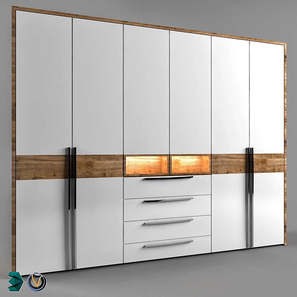 Built-in Wardrobe with White Panels and Wood Accents