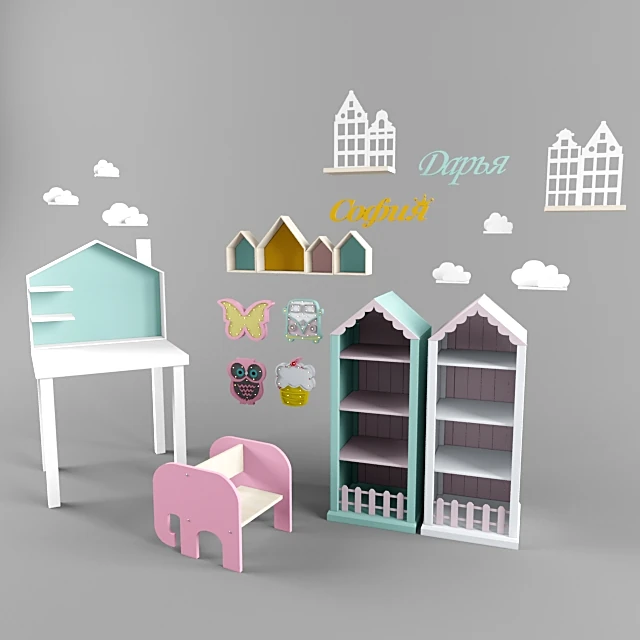 Children's Furniture Set with House-Shaped Elements