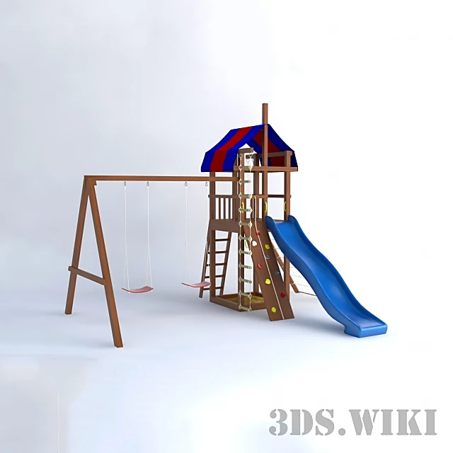 Playground Attraction with Wooden Structure, Slide, and Swings