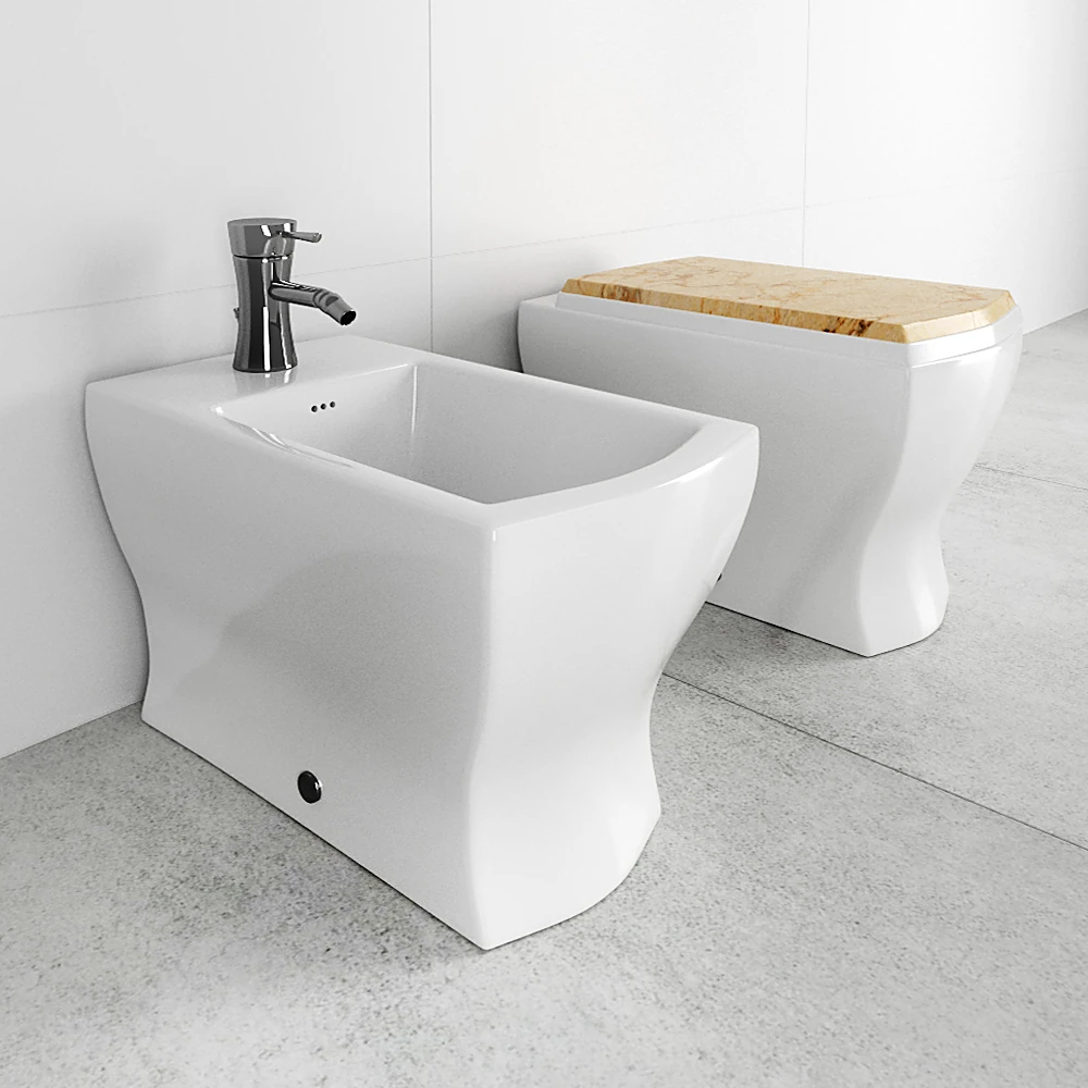 Combined Toilet and Bidet Ceramic with Wooden Lid
