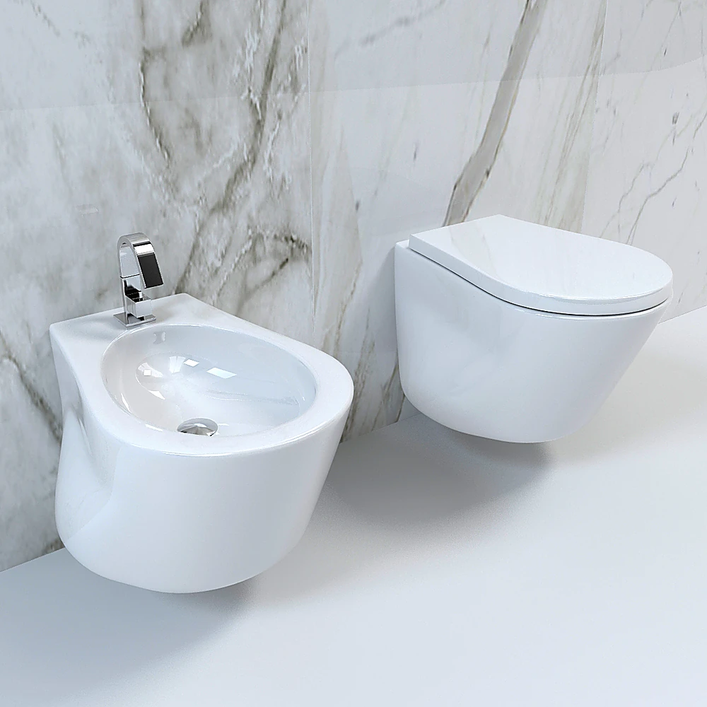 Contemporary Ceramic Wall-Hung Toilet and Bidet Set