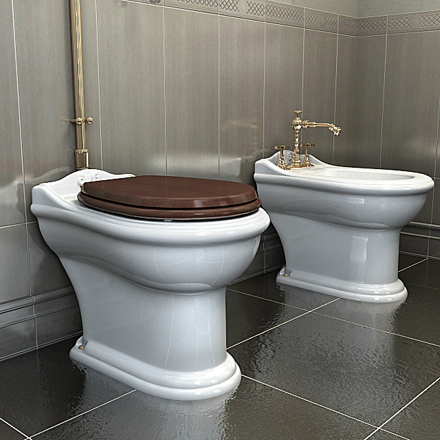 Classic Toilet and Bidet Set with High-Level Cistern (2)