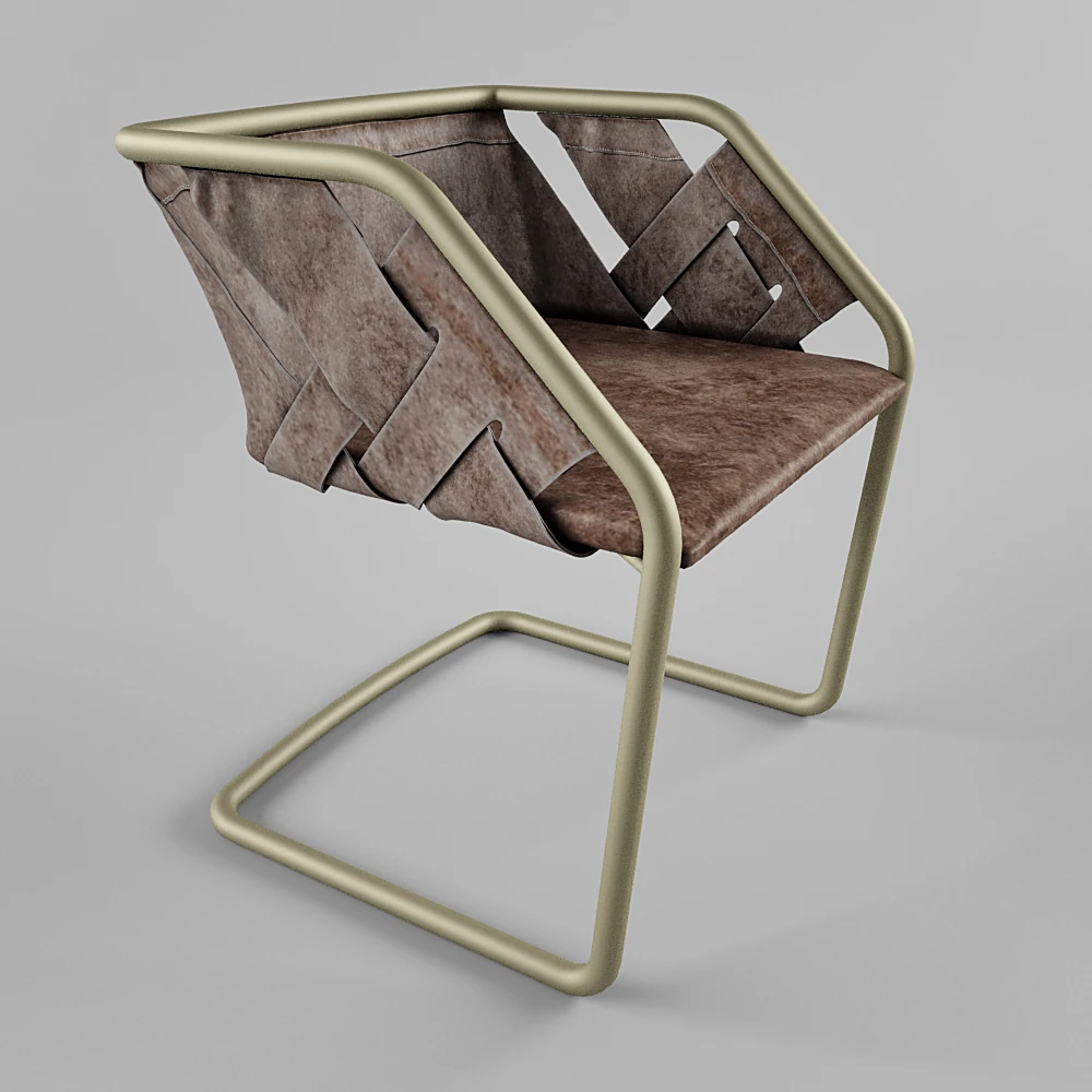 Dining Chair with Woven Leather and Metal Frame