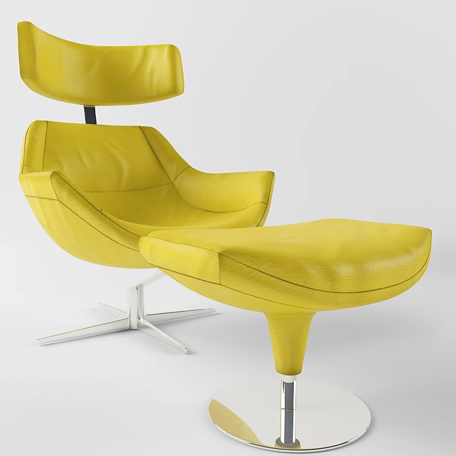 Armchair with Ottoman in Ocher Leather and Metal Base