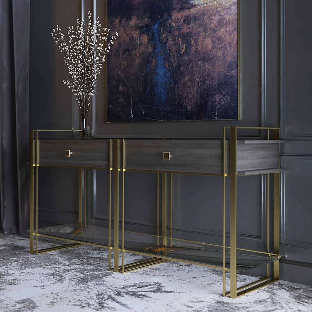 Console Table with Dark Wood and Gold Metal Frame (2)
