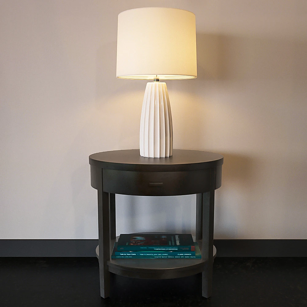 Round Side Table with Ribbed Ceramic Lamp