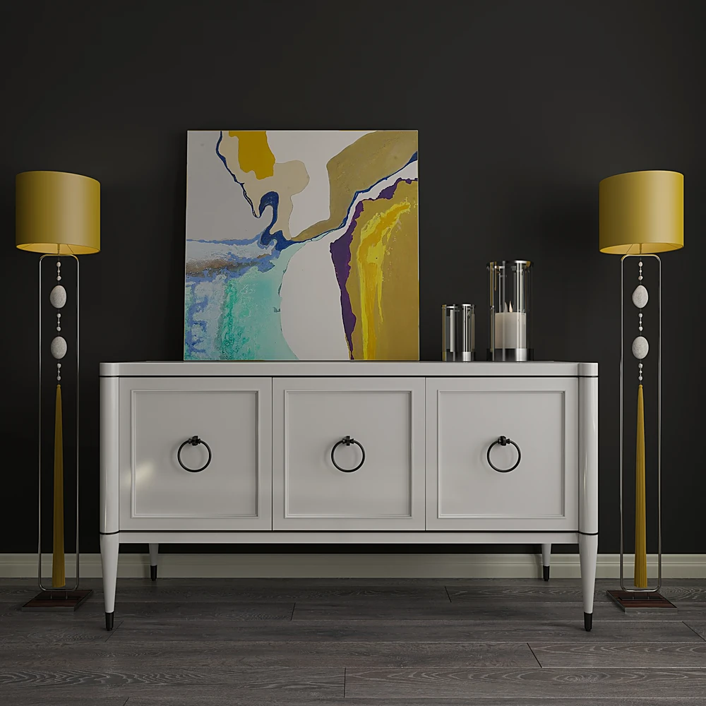 Set di Mobili e Decorazioni con Cassettiera Bianca e Lampade da Terra