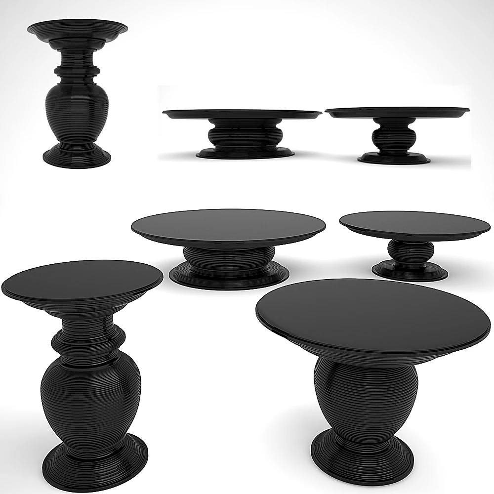 Glossy Black Ribbed Pedestal Coffee and Side Tables Set