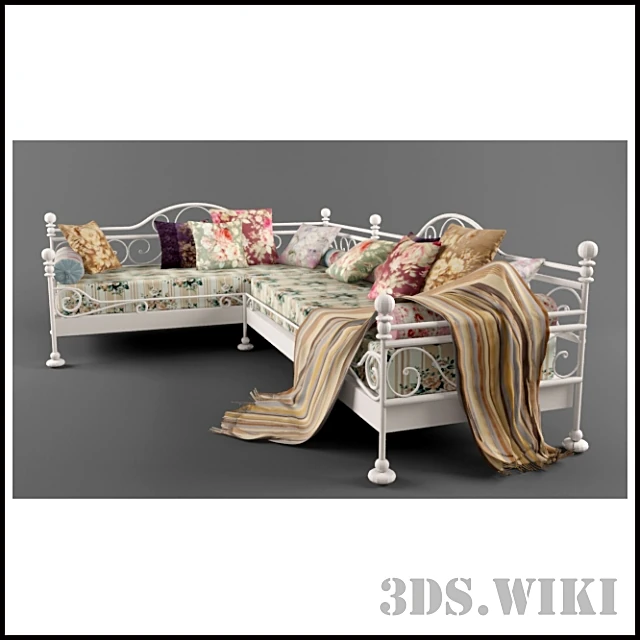 Corner Sofa with Ornate Metal Frame and Floral Fabric