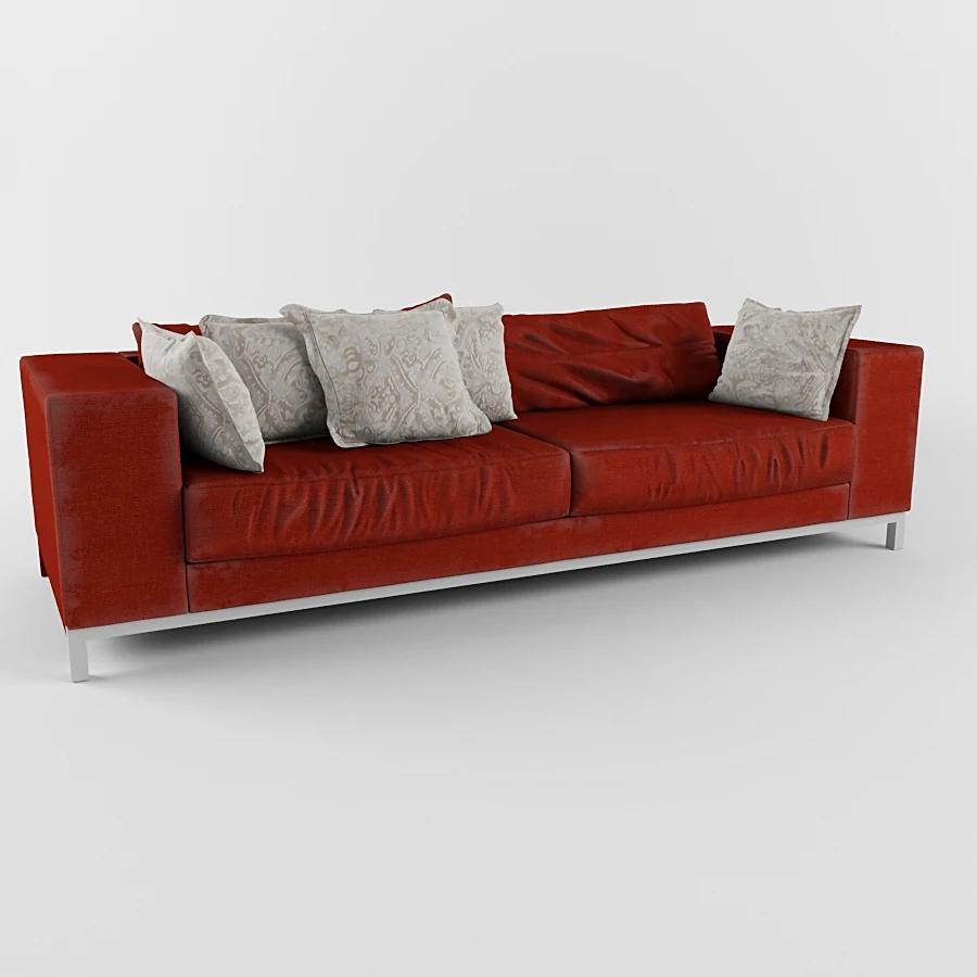 Modern Red Leather Sofa with Metal Base