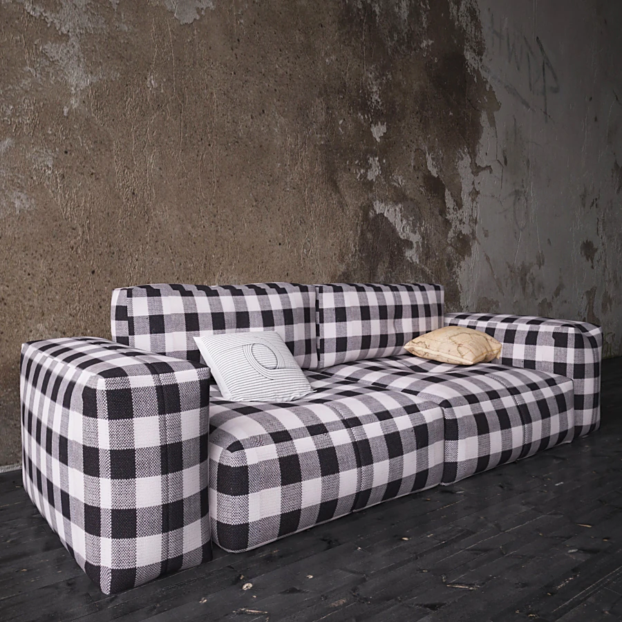 Modular Sofa with Black and White Plaid Fabric