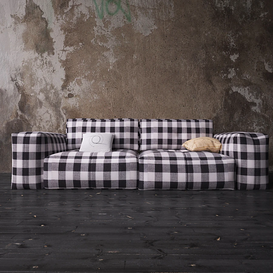 Modular Sofa with Black and White Plaid Fabric (2)