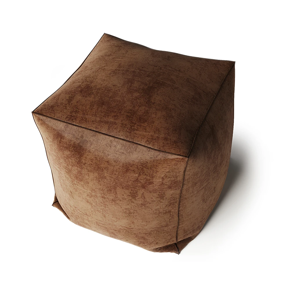 Leather Pouf with Distressed Brown Finish