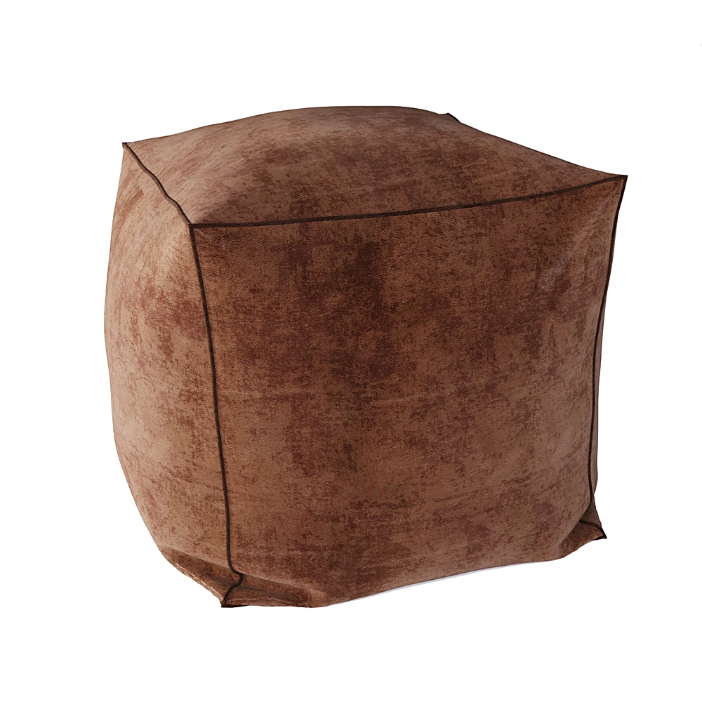 Leather Pouf with Distressed Brown Finish (2)