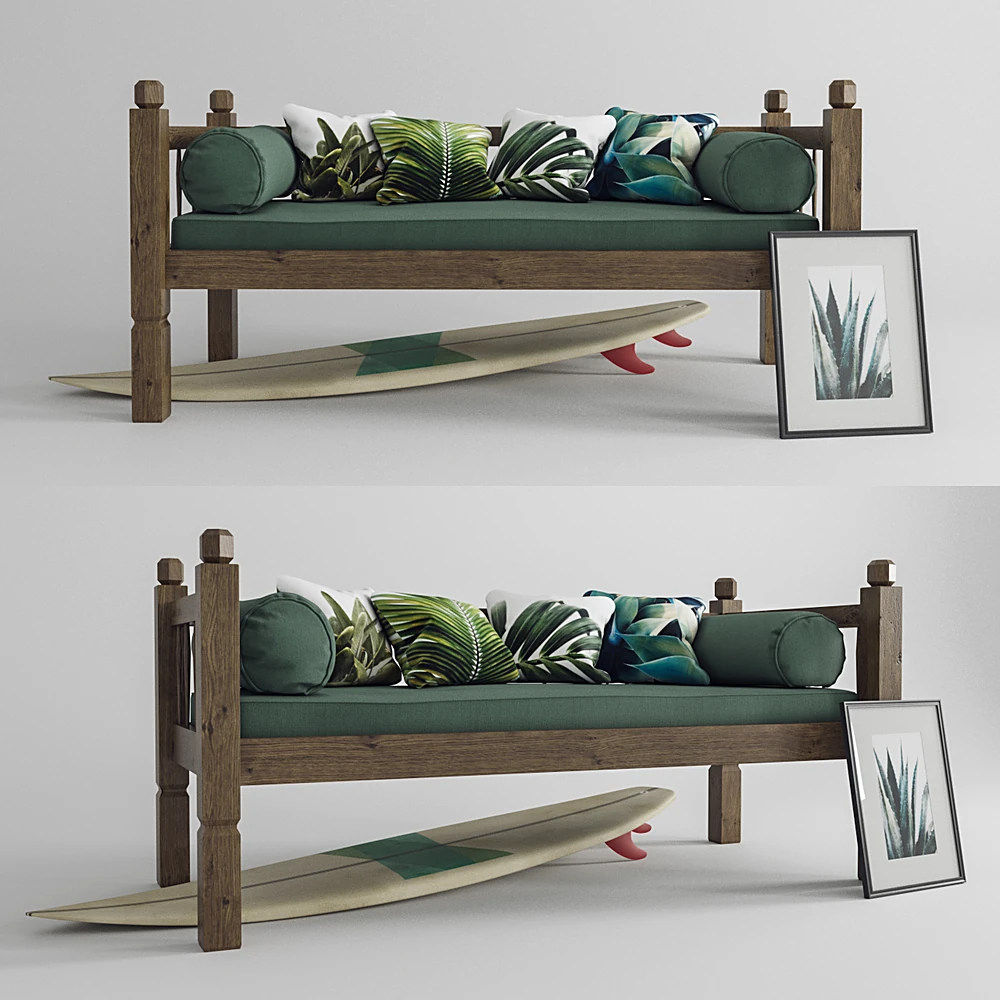 Daybed with Tropical Decor and Wood Frame