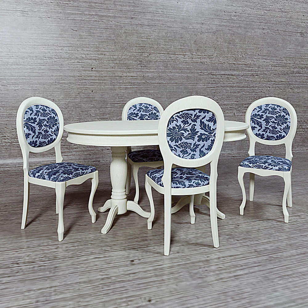 Dining Table and Chair Set with Classic Design and Floral Upholstery