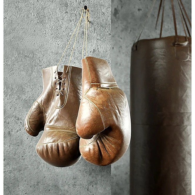 Boxing gloves and punching bag set with worn leather