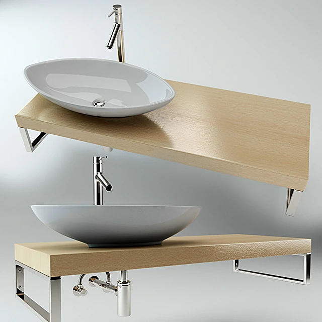 Wall Mounted Washbasin with Wooden Countertop and Ceramic Basin