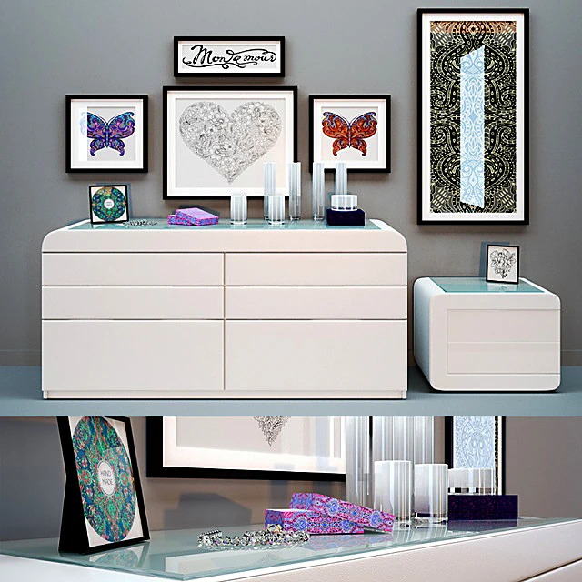 Bedroom furniture set with Modern White Lacquer and Glass