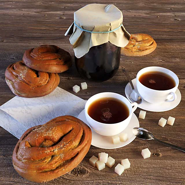 Decorative Set with Tea, Cakes, and Jam