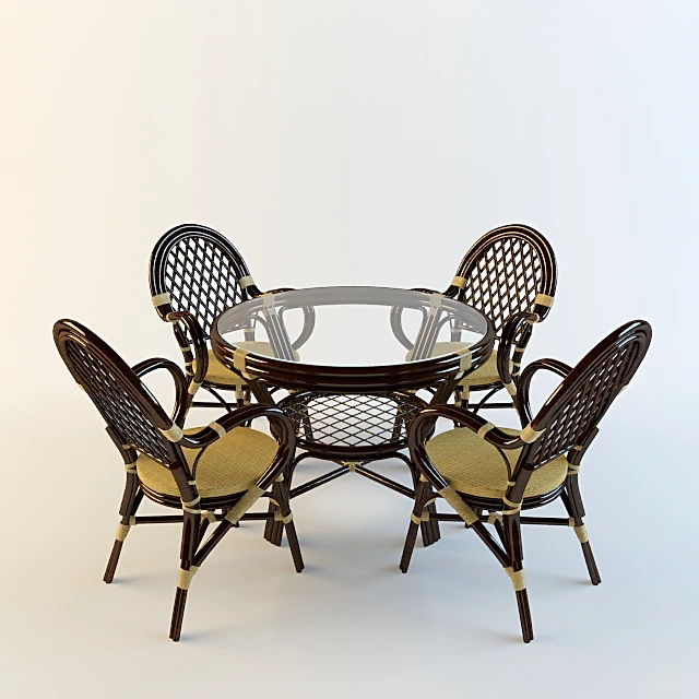 Rattan Table and Chairs Set with Glass Top