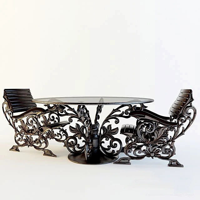 Table and Chair Set with Ornate Metal Frame