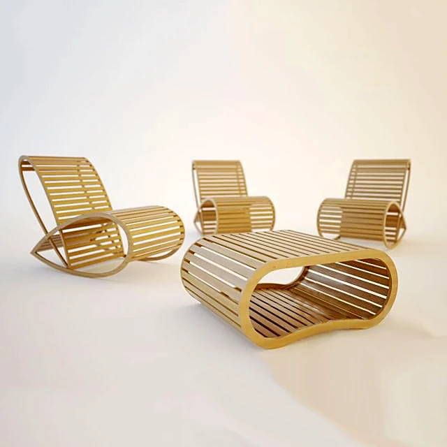 Slatted Wood Furniture Set with Curved Design