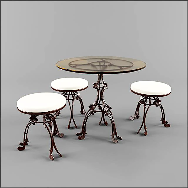 Ornate Forged Metal Bistro Table and Stool Set