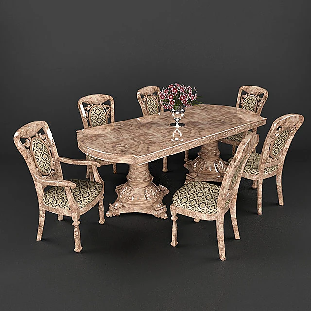 Classic Dining Table with Chairs, Ornate Carved Wood and Stone