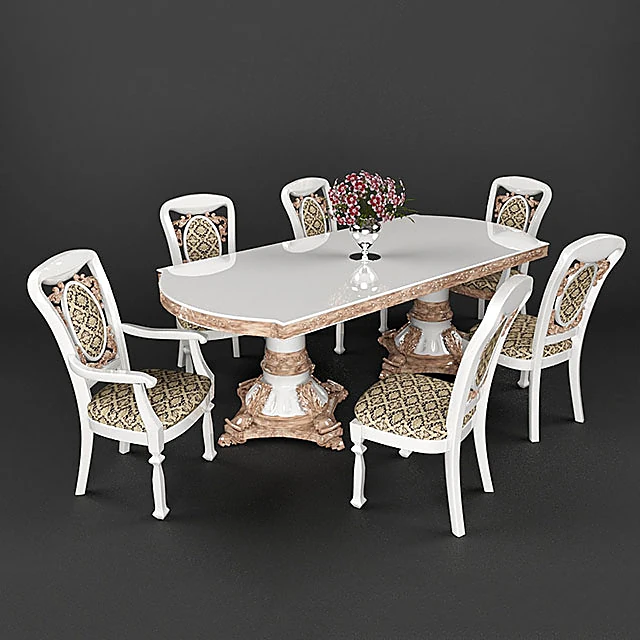 Classic Dining Table with Chairs, Ornate Carved Wood and Stone (2)