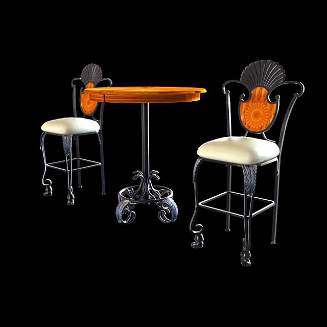Bar Table and Chairs Set with Ornate Metal and Wood