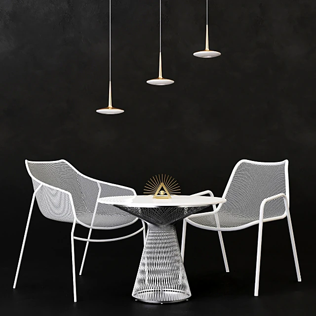 Cafe Set with White Metal Mesh and Pendant Lamps