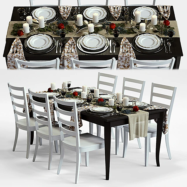Traditional Festive Dining Set with Dark Wood and White Chairs
